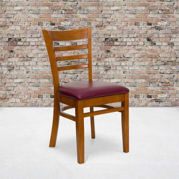 Ladder Back Cherry Wood Restaurant Chair, Burgundy Vinyl Seat, PK2