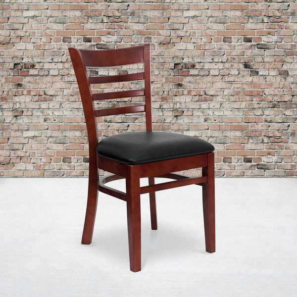 Ladder Back Mahogany Wood Restaurant Chair, Black Vinyl Seat, PK2