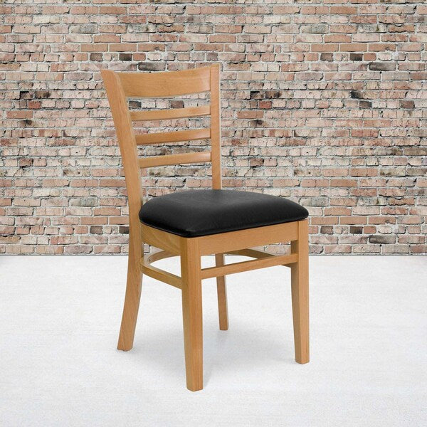 Ladder Back Natural Wood Restaurant Chair, Black Vinyl Seat, PK2