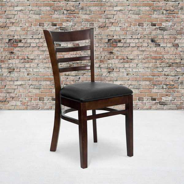 Ladder Back Walnut Wood Restaurant Chair, Black Vinyl Seat, PK2