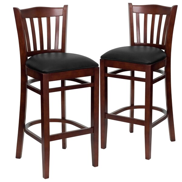 Vertical Slat Back Mahogany Wood Barstool, Black Vinyl Seat, PK2