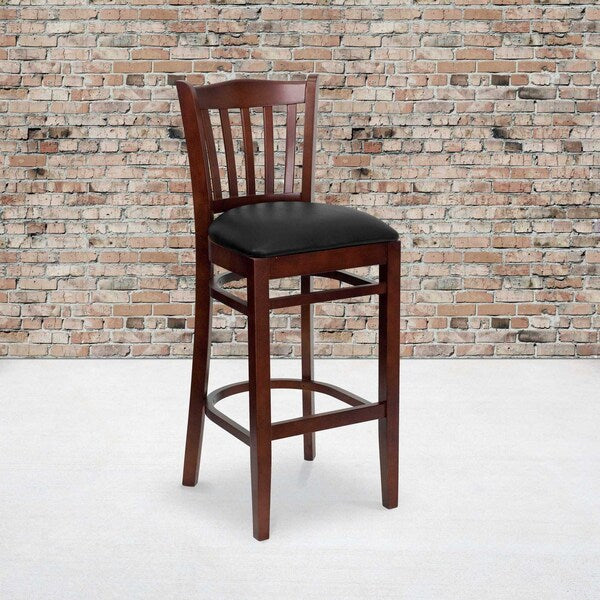 Vertical Slat Back Mahogany Wood Barstool, Black Vinyl Seat, PK2