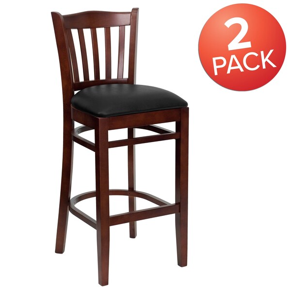 Vertical Slat Back Mahogany Wood Barstool, Black Vinyl Seat, PK2