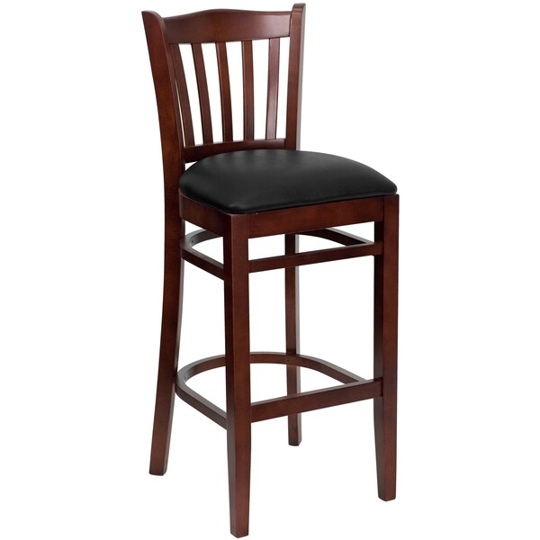 Vertical Slat Back Mahogany Wood Barstool, Black Vinyl Seat, PK2