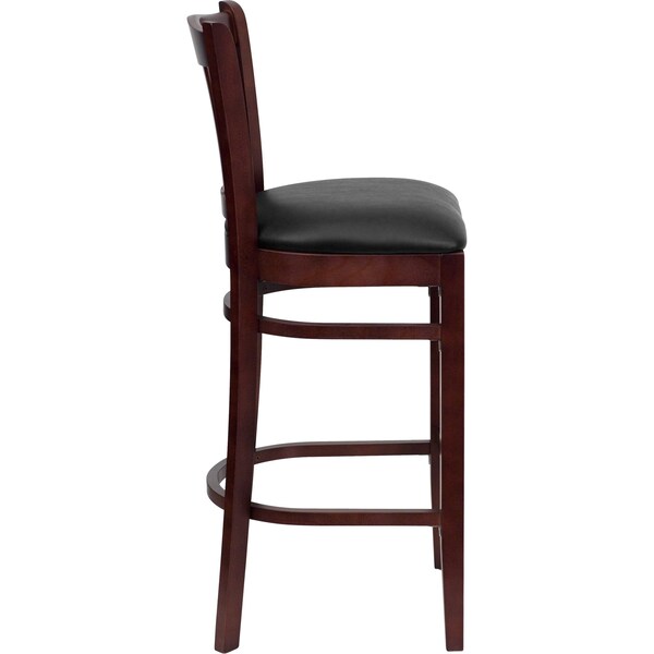 Vertical Slat Back Mahogany Wood Barstool, Black Vinyl Seat, PK2