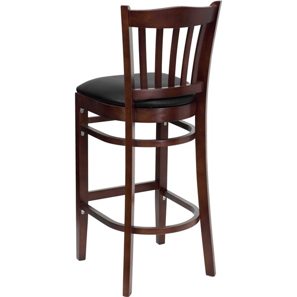 Vertical Slat Back Mahogany Wood Barstool, Black Vinyl Seat, PK2