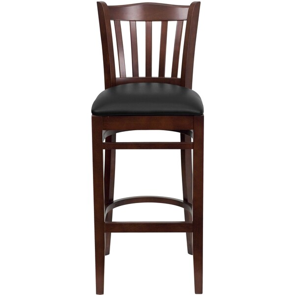 Vertical Slat Back Mahogany Wood Barstool, Black Vinyl Seat, PK2