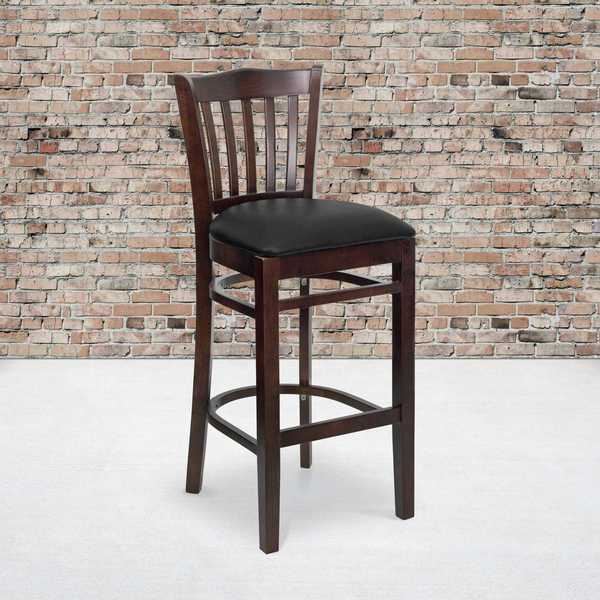 Vertical Slat Back Walnut Wood Barstool, Black Vinyl Seat, PK2