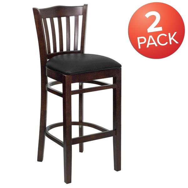 Vertical Slat Back Walnut Wood Barstool, Black Vinyl Seat, PK2