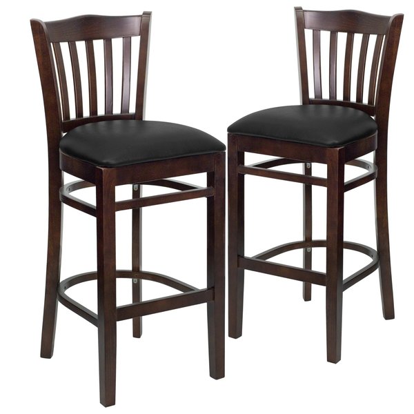 Vertical Slat Back Walnut Wood Barstool, Black Vinyl Seat, PK2