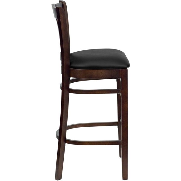 Vertical Slat Back Walnut Wood Barstool, Black Vinyl Seat, PK2