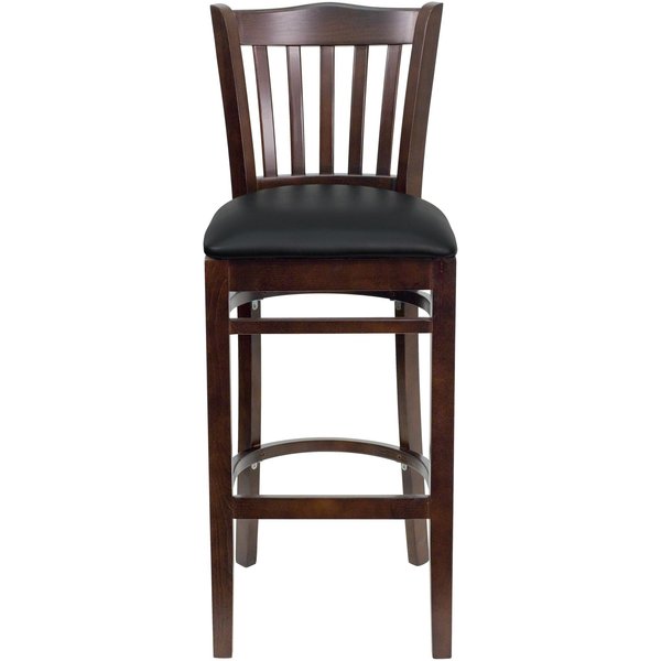 Vertical Slat Back Walnut Wood Barstool, Black Vinyl Seat, PK2