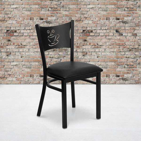 Black Coffee Back Metal Restaurant Chair, Black Vinyl Seat, PK2