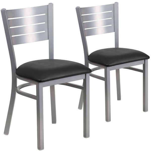 Silver Slat Back Metal Restaurant Chair, Black Vinyl Seat, PK2