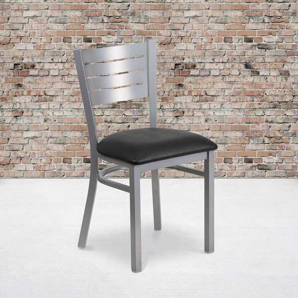 Silver Slat Back Metal Restaurant Chair, Black Vinyl Seat, PK2