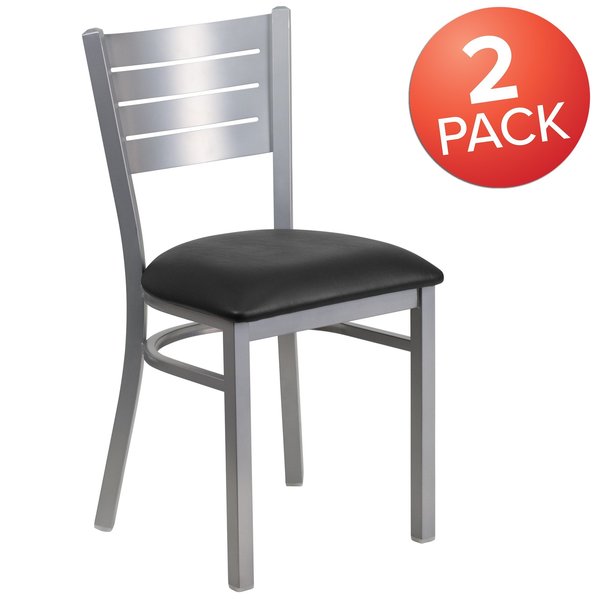 Silver Slat Back Metal Restaurant Chair, Black Vinyl Seat, PK2