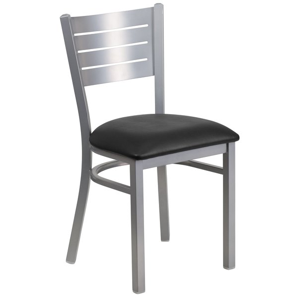 Silver Slat Back Metal Restaurant Chair, Black Vinyl Seat, PK2