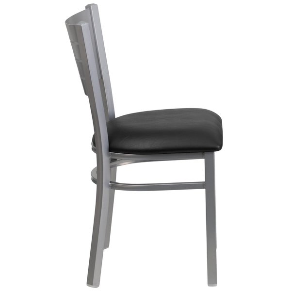 Silver Slat Back Metal Restaurant Chair, Black Vinyl Seat, PK2
