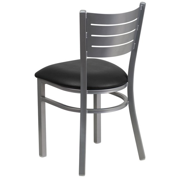 Silver Slat Back Metal Restaurant Chair, Black Vinyl Seat, PK2