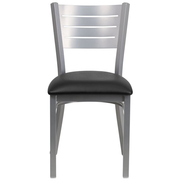 Silver Slat Back Metal Restaurant Chair, Black Vinyl Seat, PK2