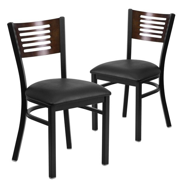 Black Slat Back Metal Chair, Walnut Wood Back, Black Vinyl Seat, PK2