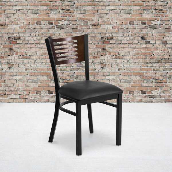 Black Slat Back Metal Chair, Walnut Wood Back, Black Vinyl Seat, PK2