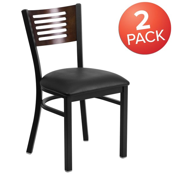 Black Slat Back Metal Chair, Walnut Wood Back, Black Vinyl Seat, PK2