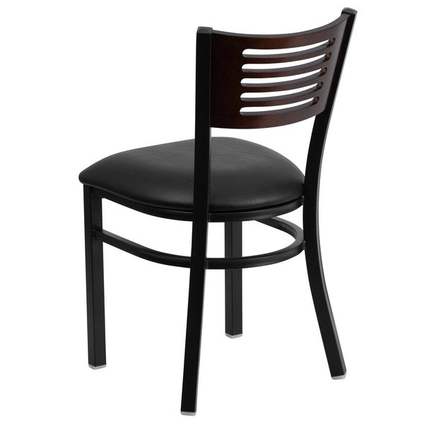 Black Slat Back Metal Chair, Walnut Wood Back, Black Vinyl Seat, PK2