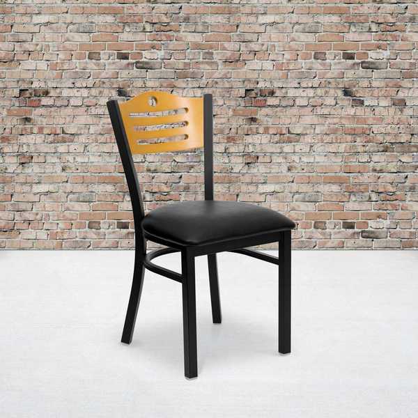 Black Slat Back Metal Chair, Natural Wood Back, Black Vinyl Seat, PK2