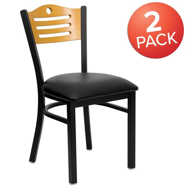 Black Slat Back Metal Chair, Natural Wood Back, Black Vinyl Seat, PK2