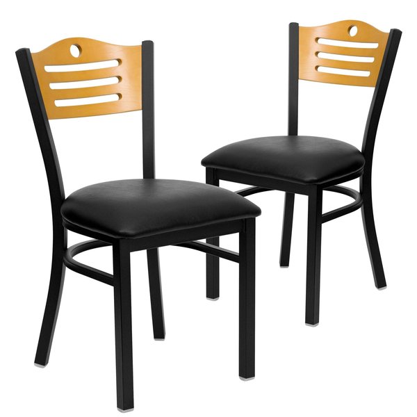 Black Slat Back Metal Chair, Natural Wood Back, Black Vinyl Seat, PK2