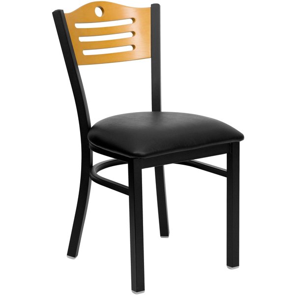Black Slat Back Metal Chair, Natural Wood Back, Black Vinyl Seat, PK2