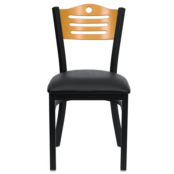 Black Slat Back Metal Chair, Natural Wood Back, Black Vinyl Seat, PK2