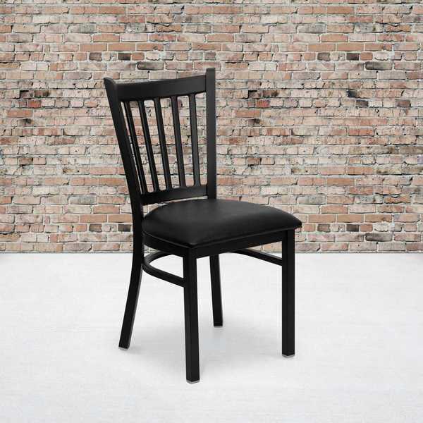 Black Vertical Back Metal Restaurant Chair, Black Vinyl Seat, PK2