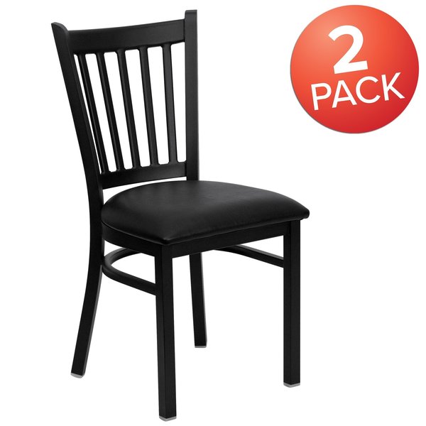 Black Vertical Back Metal Restaurant Chair, Black Vinyl Seat, PK2