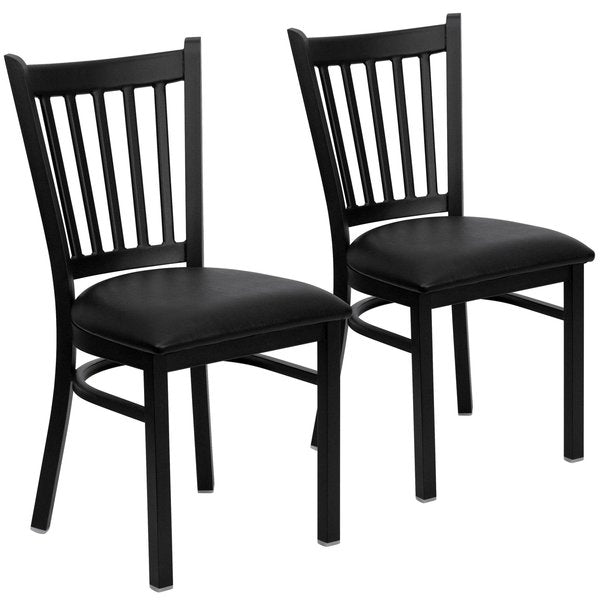 Black Vertical Back Metal Restaurant Chair, Black Vinyl Seat, PK2