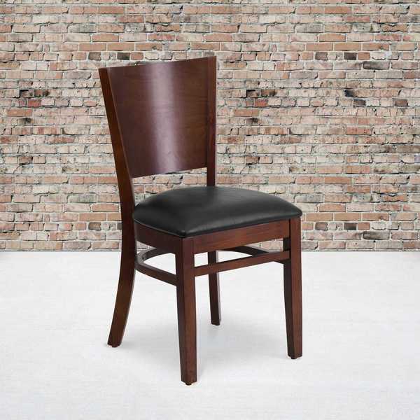 Lacey Series Solid Back Walnut Wood Chair, Black Vinyl Seat, PK2