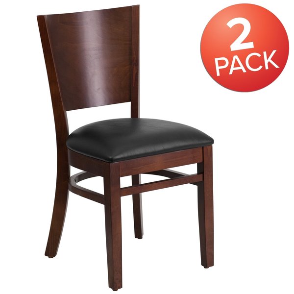 Lacey Series Solid Back Walnut Wood Chair, Black Vinyl Seat, PK2