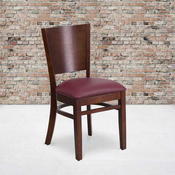 Lacey Series Solid Back Walnut Wood Chair, Burgundy Vinyl Seat, PK2