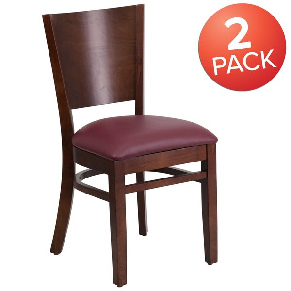 Lacey Series Solid Back Walnut Wood Chair, Burgundy Vinyl Seat, PK2