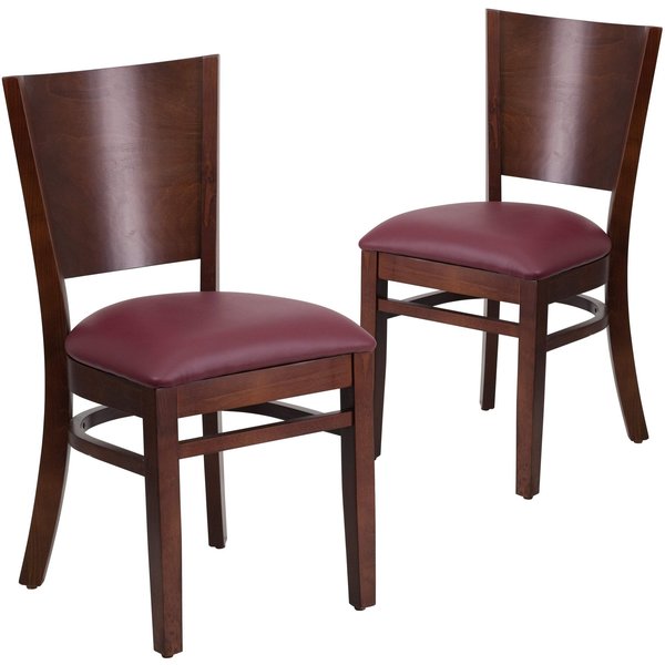 Lacey Series Solid Back Walnut Wood Chair, Burgundy Vinyl Seat, PK2
