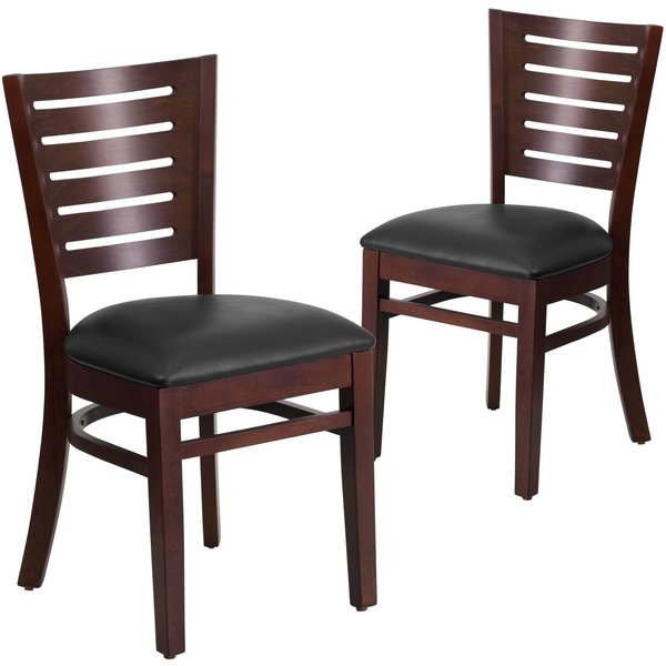 Darby Series Slat Back Walnut Wood Chair, Black Vinyl Seat, PK2
