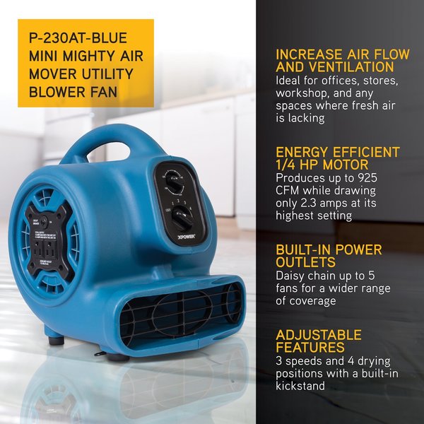 1/4 HP, 925 CFM, 2.3 Amps, 4 Positions, 3 Speeds Mini Mighty Air Mover with Power Outlets and 3-Hour Timer