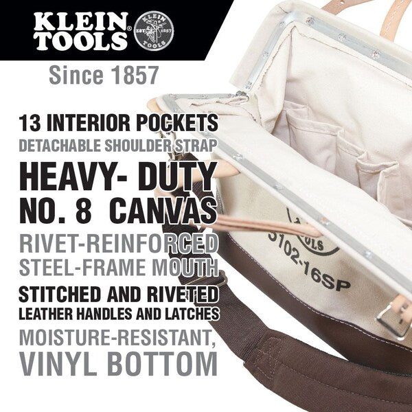 Wide-Mouth Tool Bag, Heavy Duty Canvas, 13 Pockets, Brown/Tan