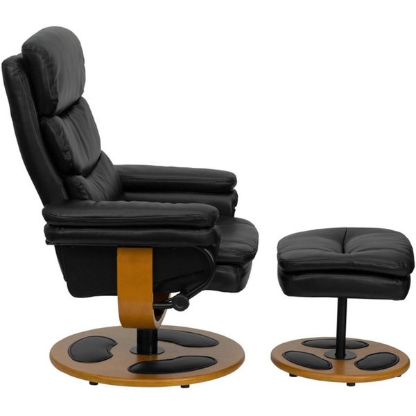 Black LeatherSoft Recliner & Ottoman w/ Wood Base