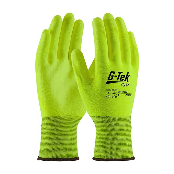 Polyurethane Hi-Vis Coated Gloves, Palm Coverage, Yellow, XL, 12PK