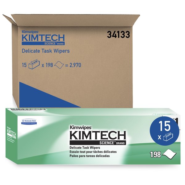 Dry Wipe, Kimwipes, Dispenser Box, 1-Ply Tissue, 11 3/4 in x 11 3/4 in, 196 Wipes, White, 15 Pack