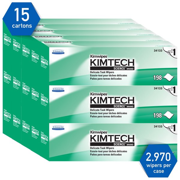 Dry Wipe, Kimwipes, Dispenser Box, 1-Ply Tissue, 11 3/4 in x 11 3/4 in, 196 Wipes, White, 15 Pack