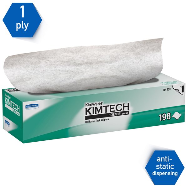 Dry Wipe, Kimwipes, Dispenser Box, 1-Ply Tissue, 11 3/4 in x 11 3/4 in, 196 Wipes, White, 15 Pack
