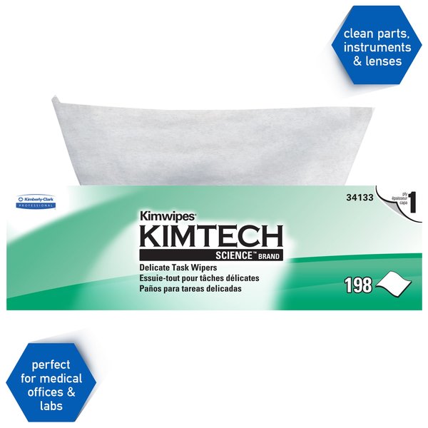 Dry Wipe, Kimwipes, Dispenser Box, 1-Ply Tissue, 11 3/4 in x 11 3/4 in, 196 Wipes, White, 15 Pack